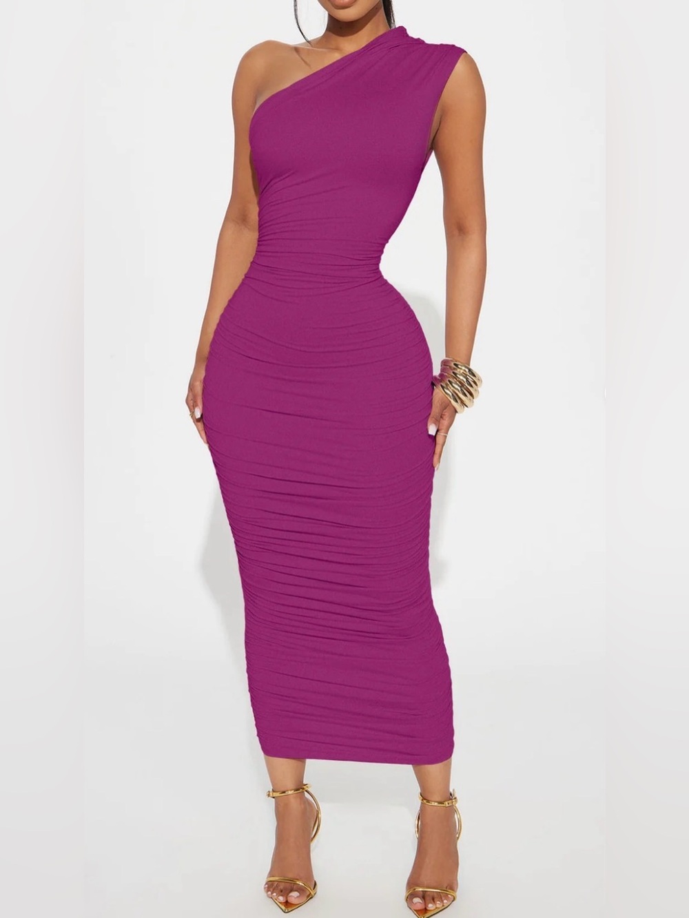 Fashion Nova One-Shoulder Ruched Midi Dress in Magenta, Sz XS